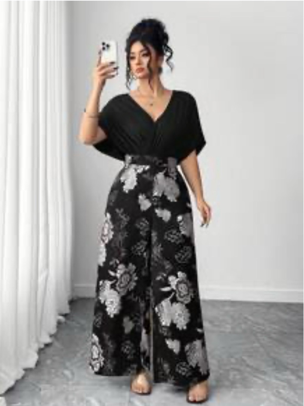 Black Floral Wide-Leg Jumpsuit with V-Neck